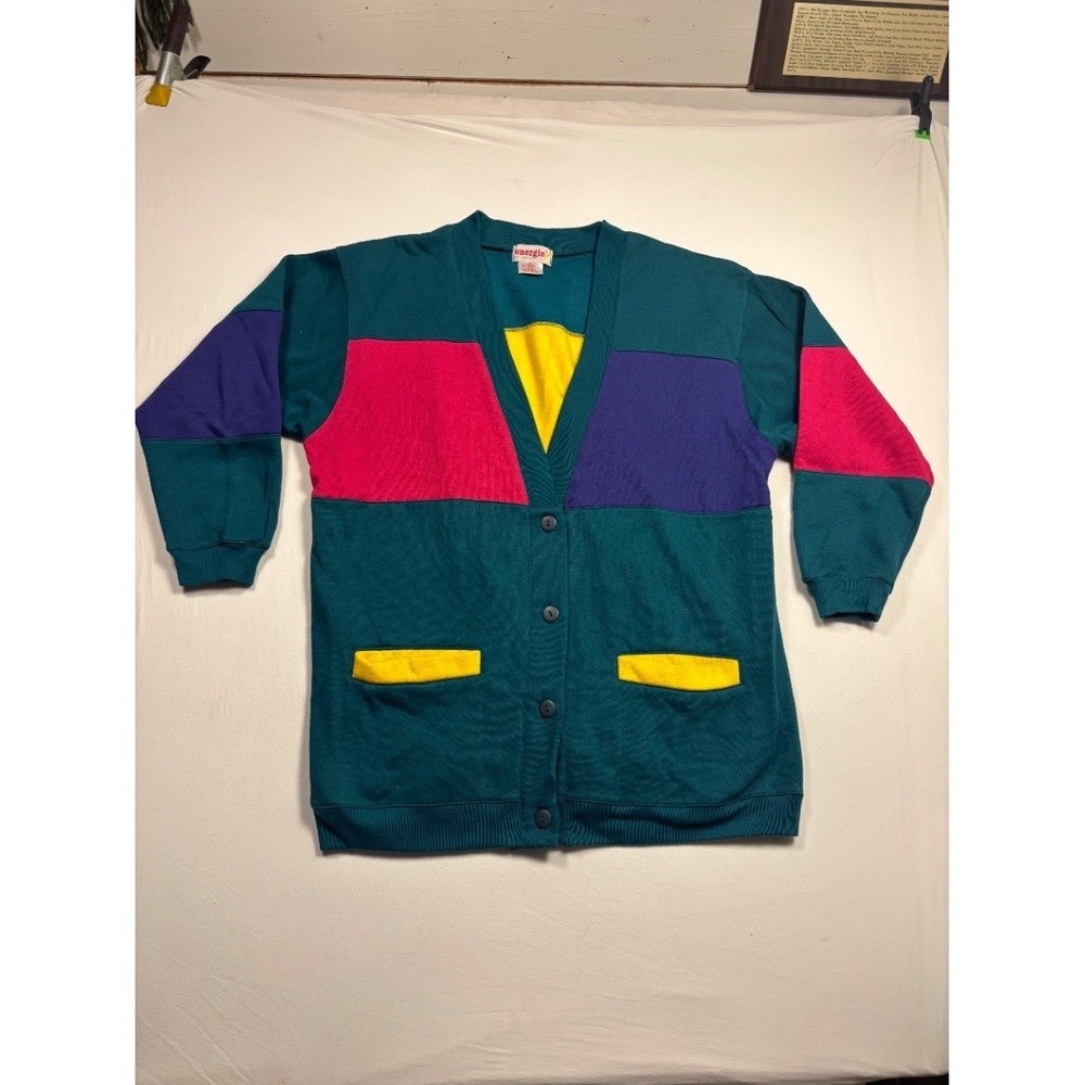Vintage Energie Men's Color Block Knit Cardigan Sweater Teal Purple Pink Medium